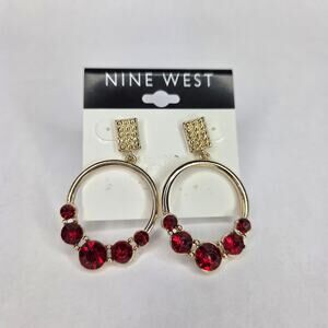 Nine West Red Crystal Gold Plated Drop Stud Statement Earrings, NEW